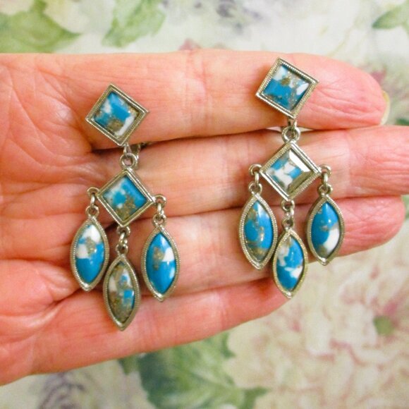 Vintage CELEBRITY Faux Turquoise Floral Brooch Pendant Earrings Set ~ DESIGNER - Picture 6 of 16